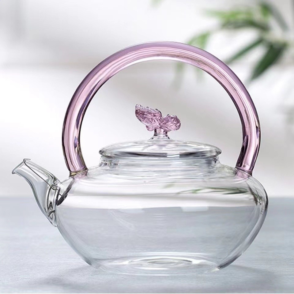 粉色蝴蝶提樑壺煮茶高硼矽玻璃泡茶耐熱過濾茶具養生壺單壺-規格圖5