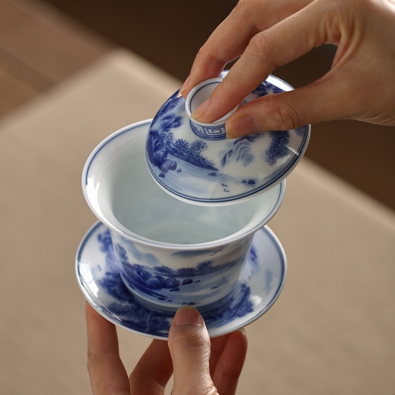 愛賞青花瓷三才蓋碗陶瓷茶碗茶具茶備泡茶杯家用手繪復古泡茶器-細節圖2