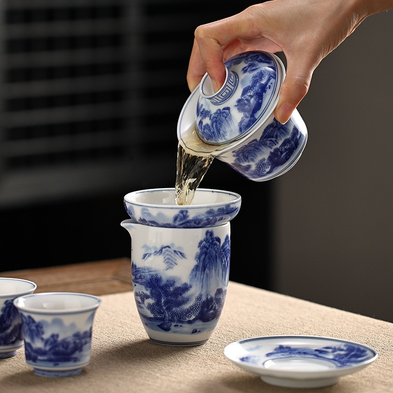 愛賞青花瓷三才蓋碗陶瓷茶碗茶具茶備泡茶杯家用手繪復古泡茶器-細節圖3