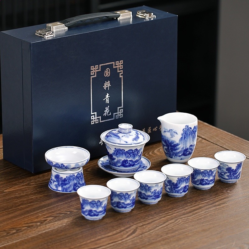 愛賞青花瓷三才蓋碗陶瓷茶碗茶具茶備泡茶杯家用手繪復古泡茶器-細節圖4