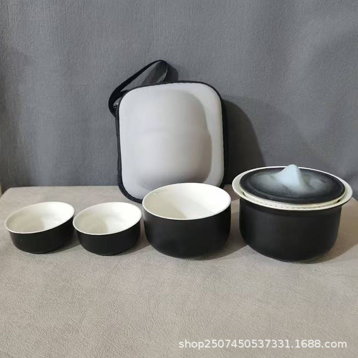 粗陶 黑色旅行茶具一壺3杯【收納包】