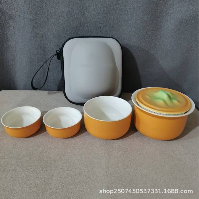 粗陶 黃色旅行茶具一壺3杯【收納包】