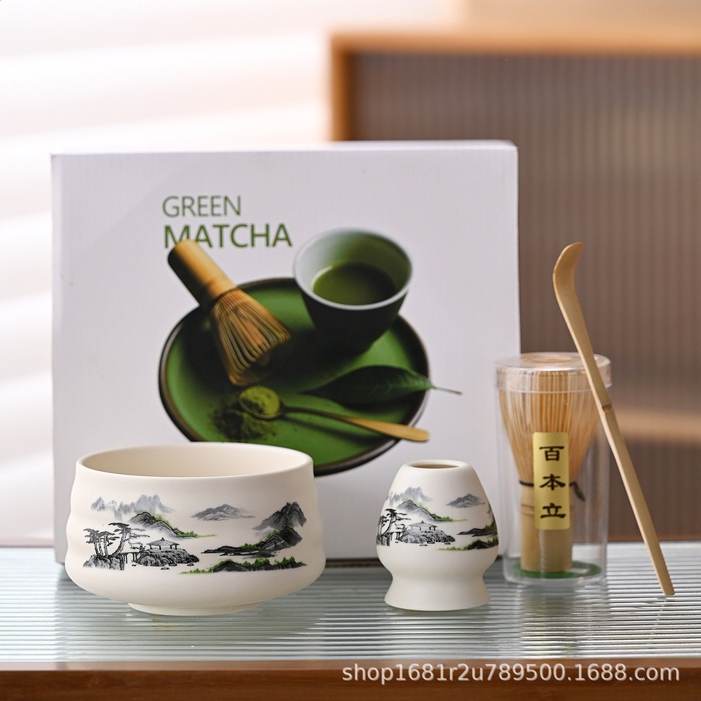 水墨山水樹抹茶茶具4件套
