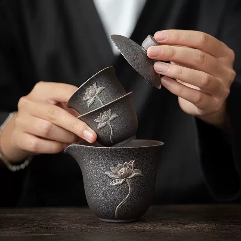 復古粗陶快客杯一壺兩杯家用陶瓷便攜茶具戶外旅行茶具套裝泡茶器-細節圖3