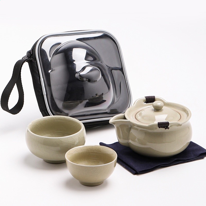 哥窯千里江山快客杯一壺二杯便攜戶外旅行茶具簡約手抓泡茶壺套裝-細節圖2