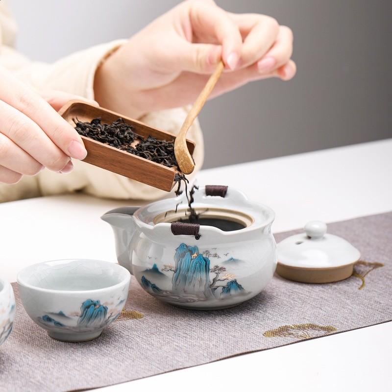 哥窯千里江山快客杯一壺二杯便攜戶外旅行茶具簡約手抓泡茶壺套裝-細節圖3