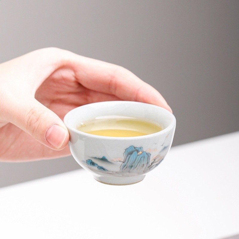 哥窯千里江山快客杯一壺二杯便攜戶外旅行茶具簡約手抓泡茶壺套裝-細節圖4