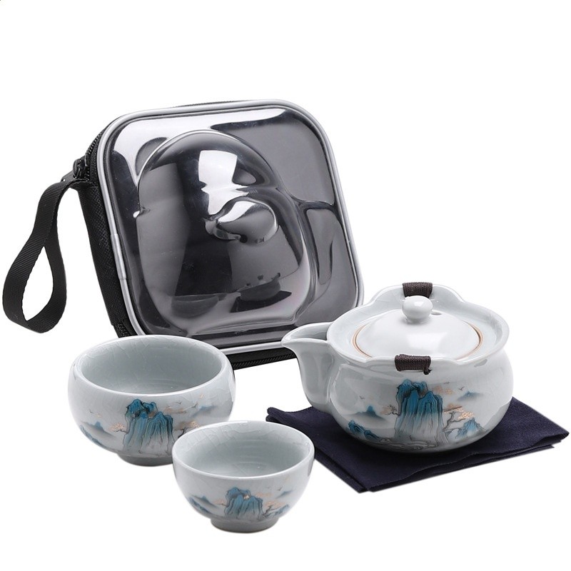 哥窯千里江山快客杯一壺二杯便攜戶外旅行茶具簡約手抓泡茶壺套裝-細節圖5