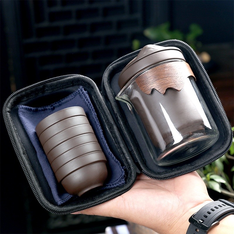 便攜紫砂茶具旅行快客杯防燙加厚玻璃公道杯泡茶一壺六杯茶水分離-細節圖3