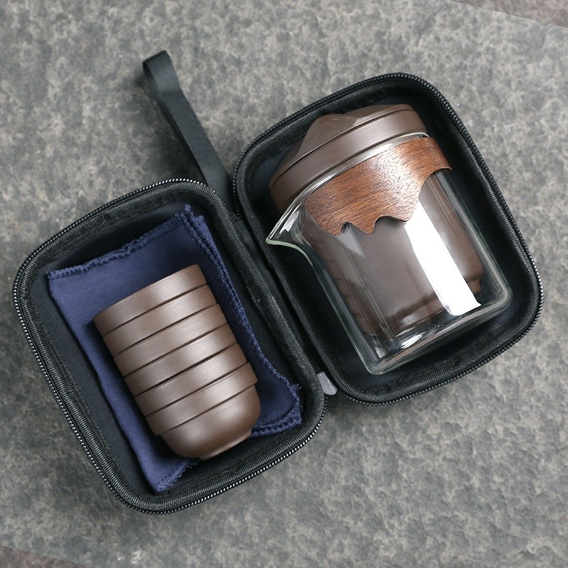 便攜紫砂茶具旅行快客杯防燙加厚玻璃公道杯泡茶一壺六杯茶水分離-規格圖5