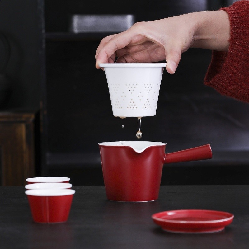 黑陶一壺三杯旅行茶具家用陶瓷功夫泡茶壺側把壺帶過濾便攜快客杯-細節圖3