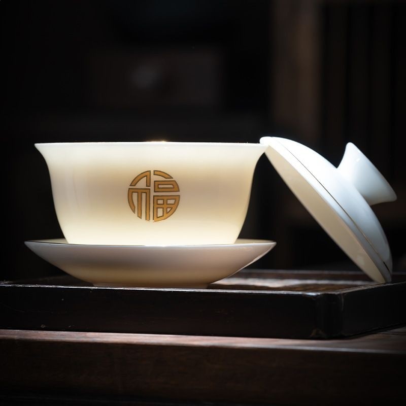 羊脂玉白瓷功夫茶具套裝陶瓷蓋碗整套茶具高檔商務禮品logo可定-細節圖2