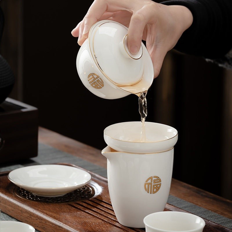 羊脂玉白瓷功夫茶具套裝陶瓷蓋碗整套茶具高檔商務禮品logo可定-細節圖3