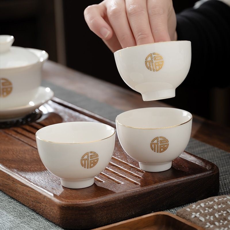 羊脂玉白瓷功夫茶具套裝陶瓷蓋碗整套茶具高檔商務禮品logo可定-細節圖4