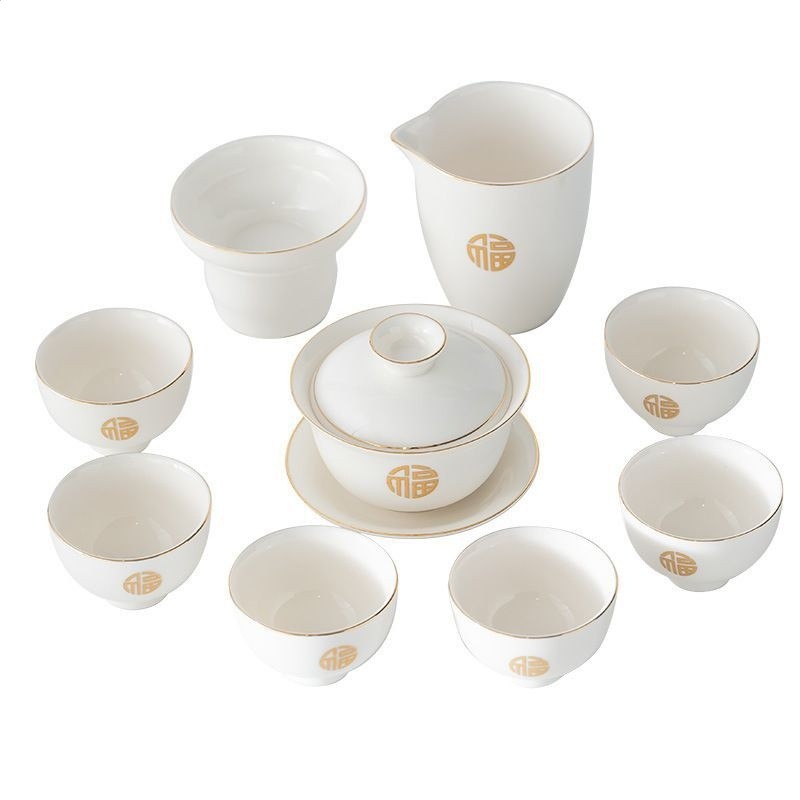 羊脂玉白瓷功夫茶具套裝陶瓷蓋碗整套茶具高檔商務禮品logo可定-細節圖5