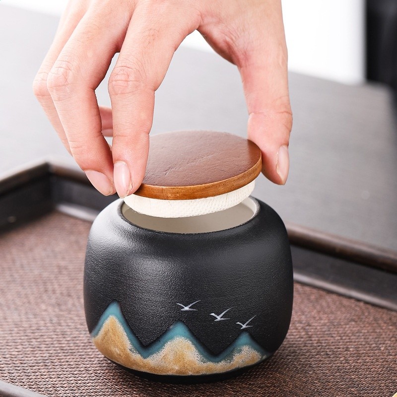 遠山手繪粗陶茶葉罐功夫泡茶茶具套裝高階上檔次茶具禮盒商務伴手-細節圖4