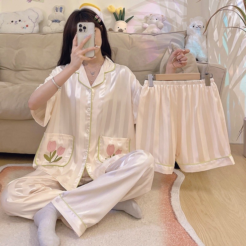 2026新款夏季天女士冰絲睡衣短袖三件套裝帶胸墊家居服可外穿-規格圖5