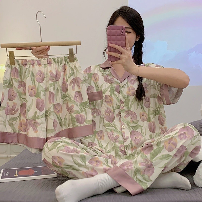 2026新款夏季天女士冰絲睡衣短袖三件套裝帶胸墊家居服可外穿-規格圖5
