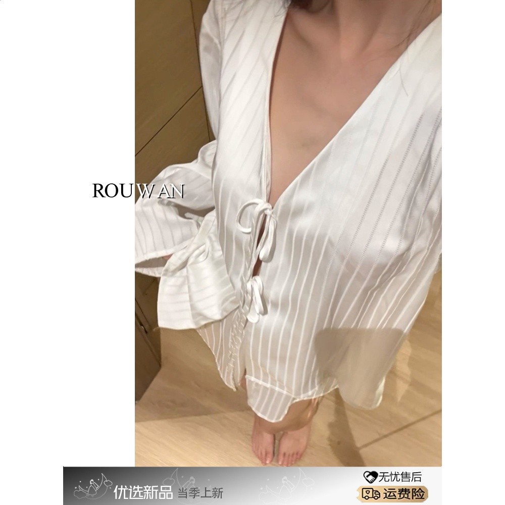 法式高階感冰絲睡衣女款夏季純欲性感條紋繫帶長袖短褲家居服套裝-細節圖3