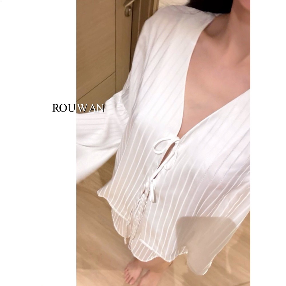 法式高階感冰絲睡衣女款夏季純欲性感條紋繫帶長袖短褲家居服套裝-細節圖4
