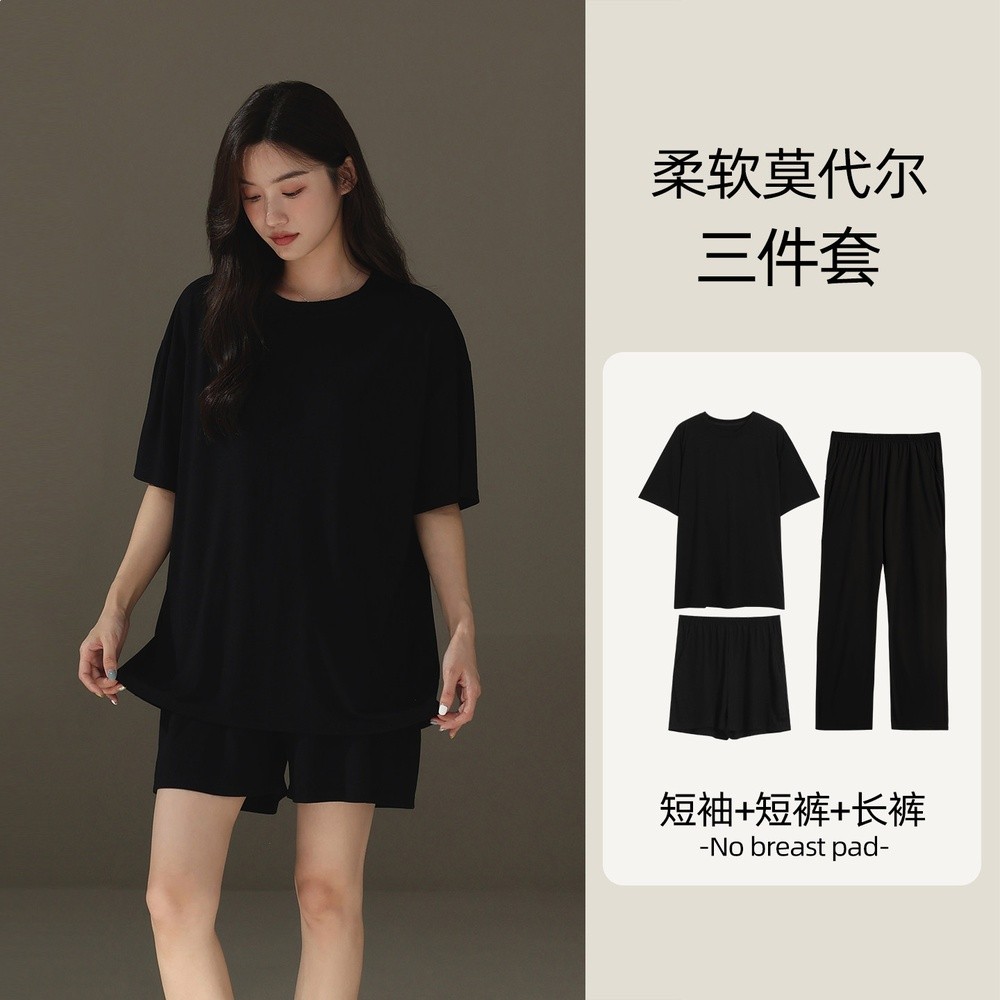 【涼感】垂感莫代爾冰絲睡衣女夏季短袖短褲休閒純色可外穿家居服-規格圖5