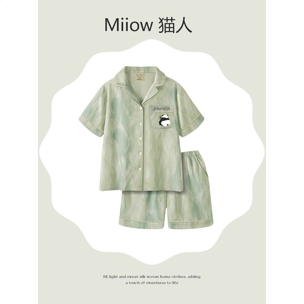 貓人冰絲睡衣女夏季2026新款高階感熊貓短袖短褲家居服送閨蜜禮盒-細節圖2