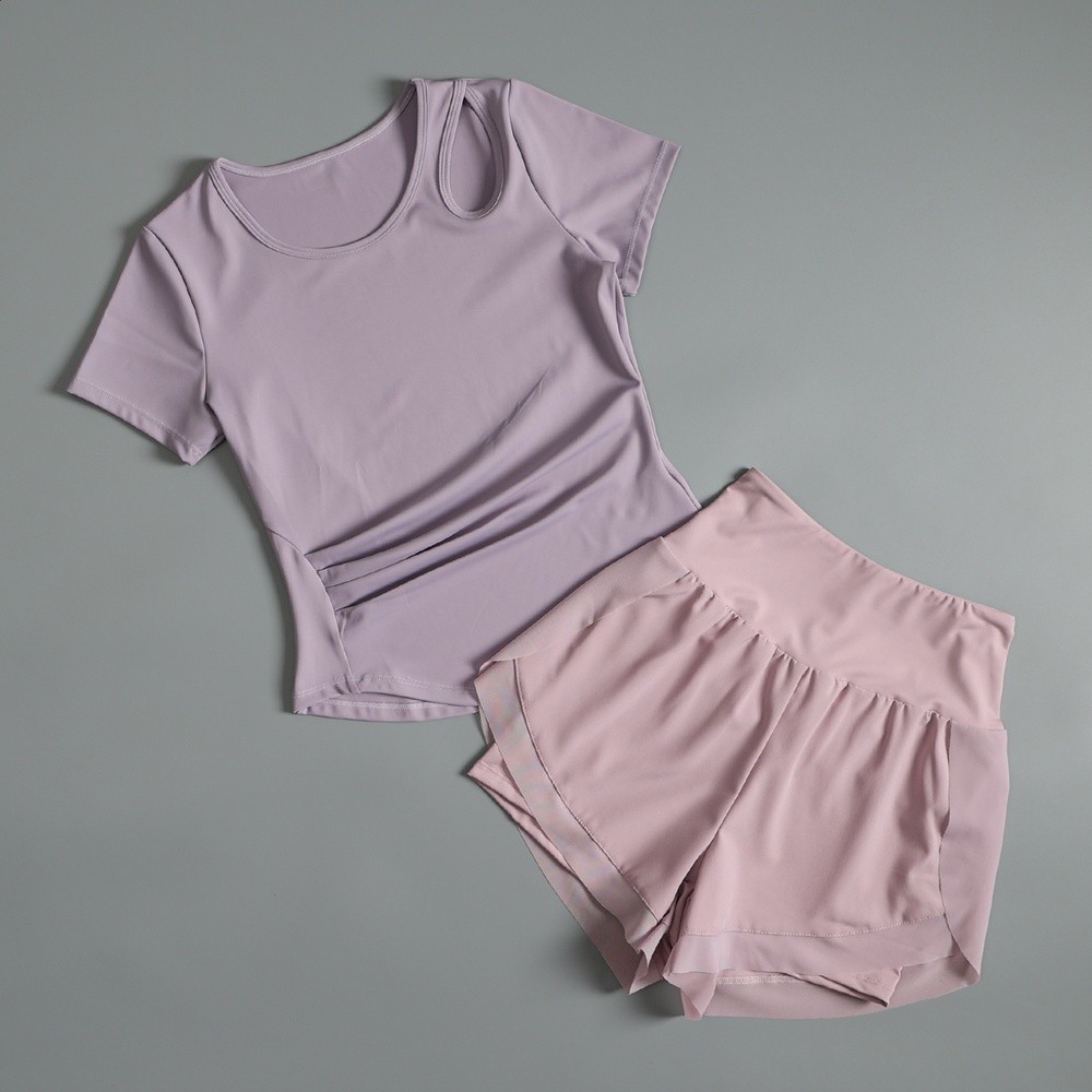 跑步速乾套裝女夏薄款健身訓練瑜伽服短袖寬鬆透氣防走光運動短褲-細節圖2