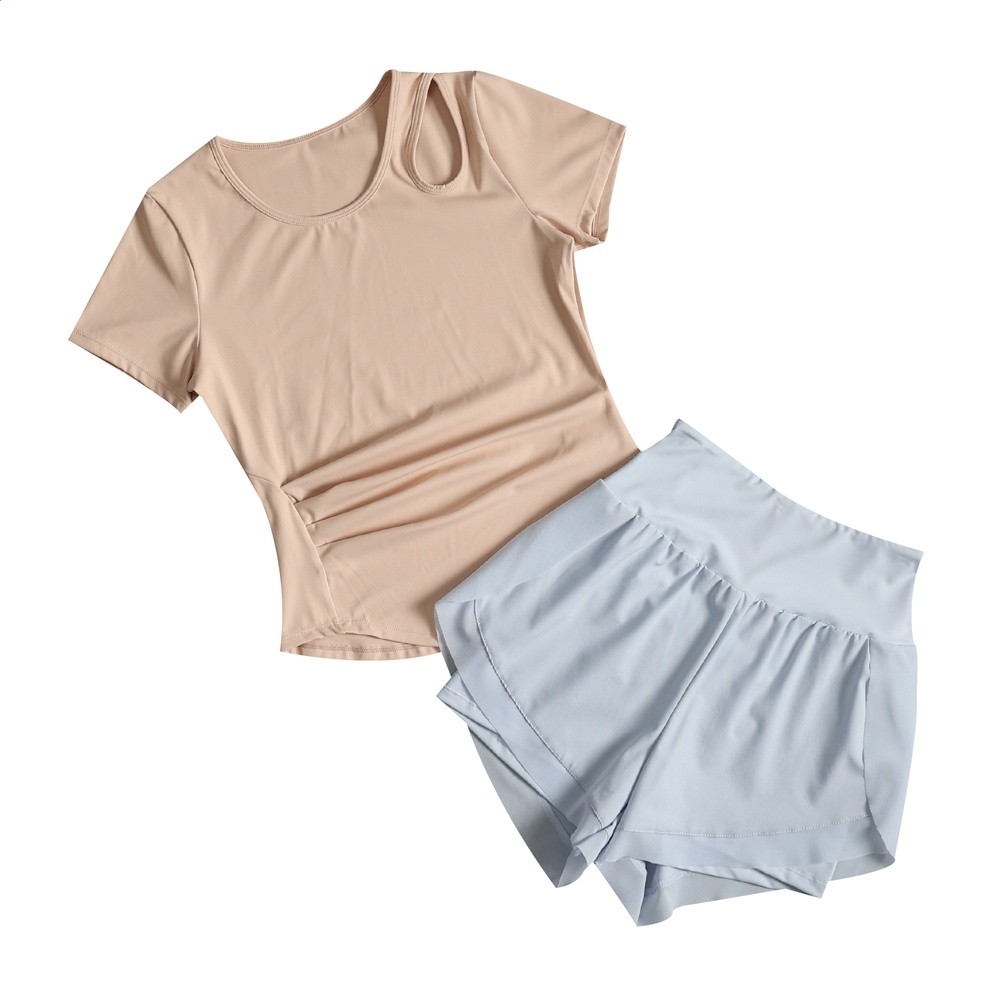 跑步速乾套裝女夏薄款健身訓練瑜伽服短袖寬鬆透氣防走光運動短褲-細節圖5