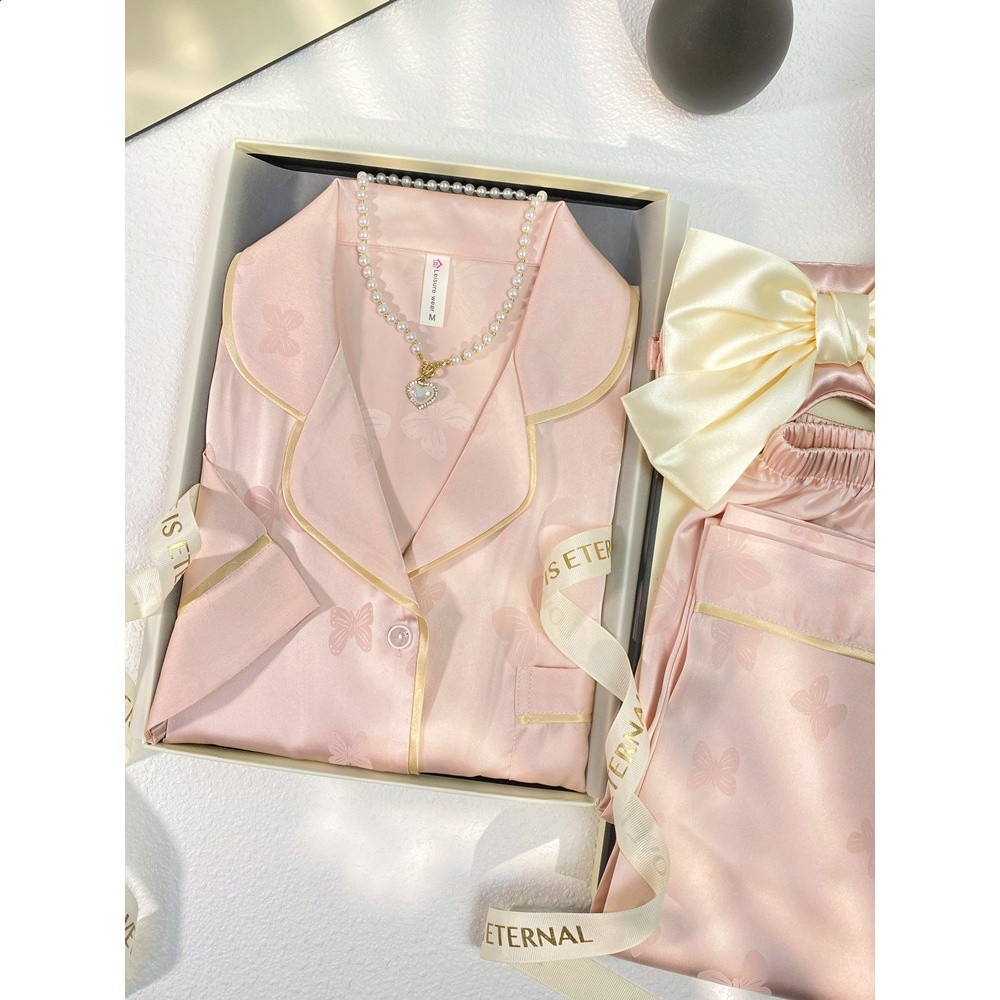 貓人冰絲睡衣女夏季短袖長褲三件套真絲高階感家居服送閨蜜禮盒裝-細節圖2