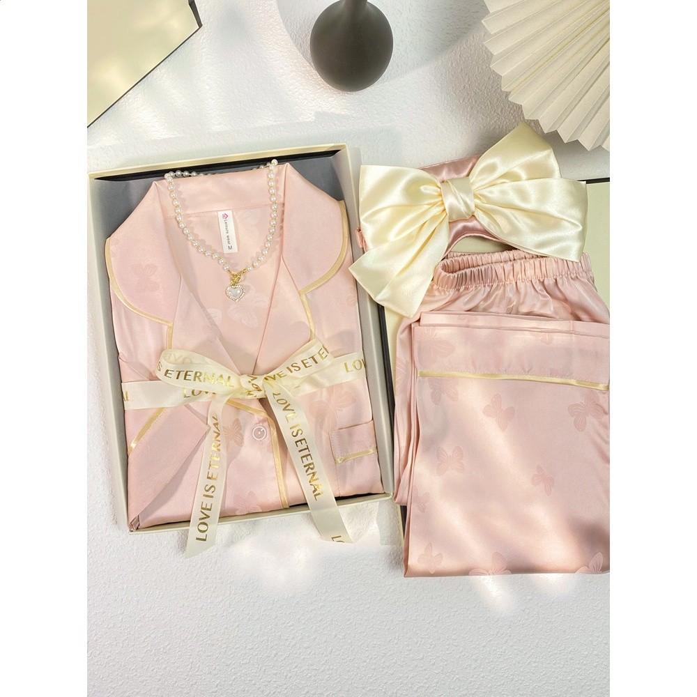 貓人冰絲睡衣女夏季短袖長褲三件套真絲高階感家居服送閨蜜禮盒裝-細節圖3