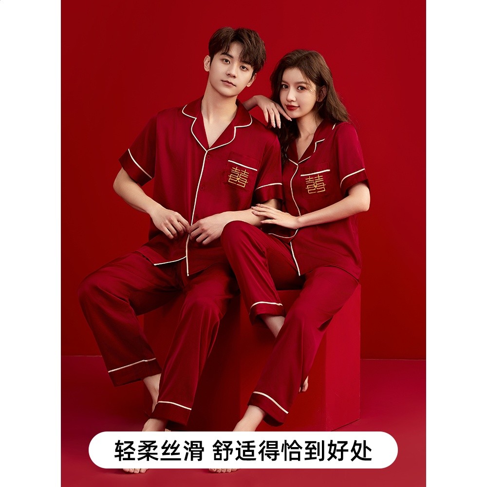 上海故事大紅情侶夏季冰絲睡衣新婚結婚喜慶家居服本命年七夕禮物-細節圖4