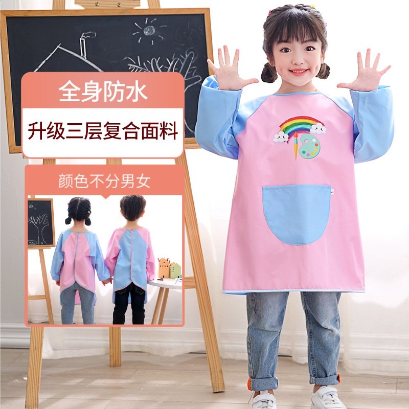 兒童罩衣防水長袖幼兒園美術繪畫反穿衣寶寶吃飯圍兜女寶圍裙-規格圖5