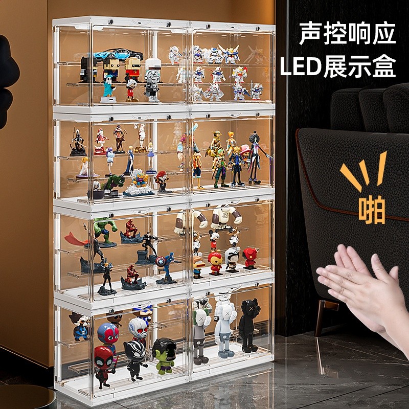帶燈盲盒收納盒磁吸聲控收納盒亞克力階梯式手辦盒透明防塵公仔盒-細節圖2