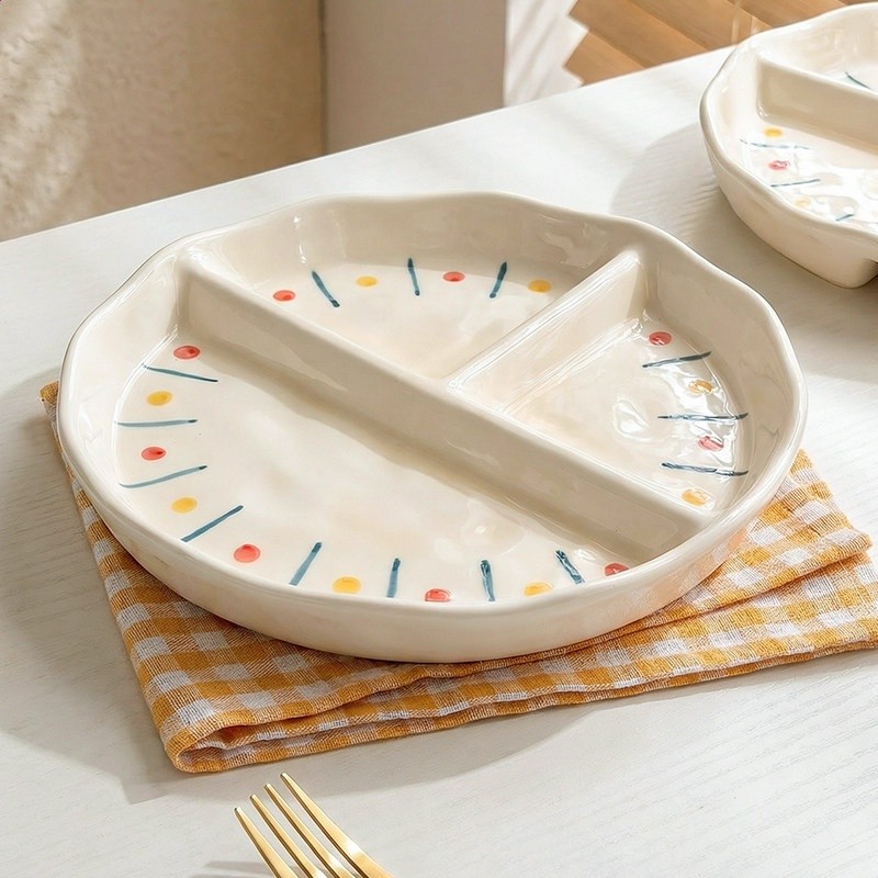 日式陶瓷圓形三格分格盤大人兒童早餐盤分餐盤水果盤定量分餐盤-規格圖5