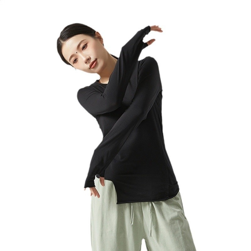 現代舞練功服舞蹈服男同款女表演服瑜伽服套指長袖緊身不規則舞服-細節圖5