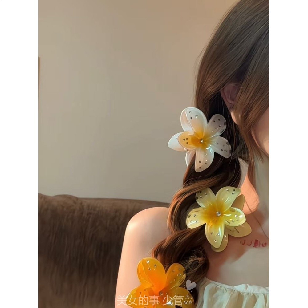 趙露思同款粉色點鑽雞蛋花髮夾女2026新款海邊度假風抓夾頭飾髮飾-細節圖2