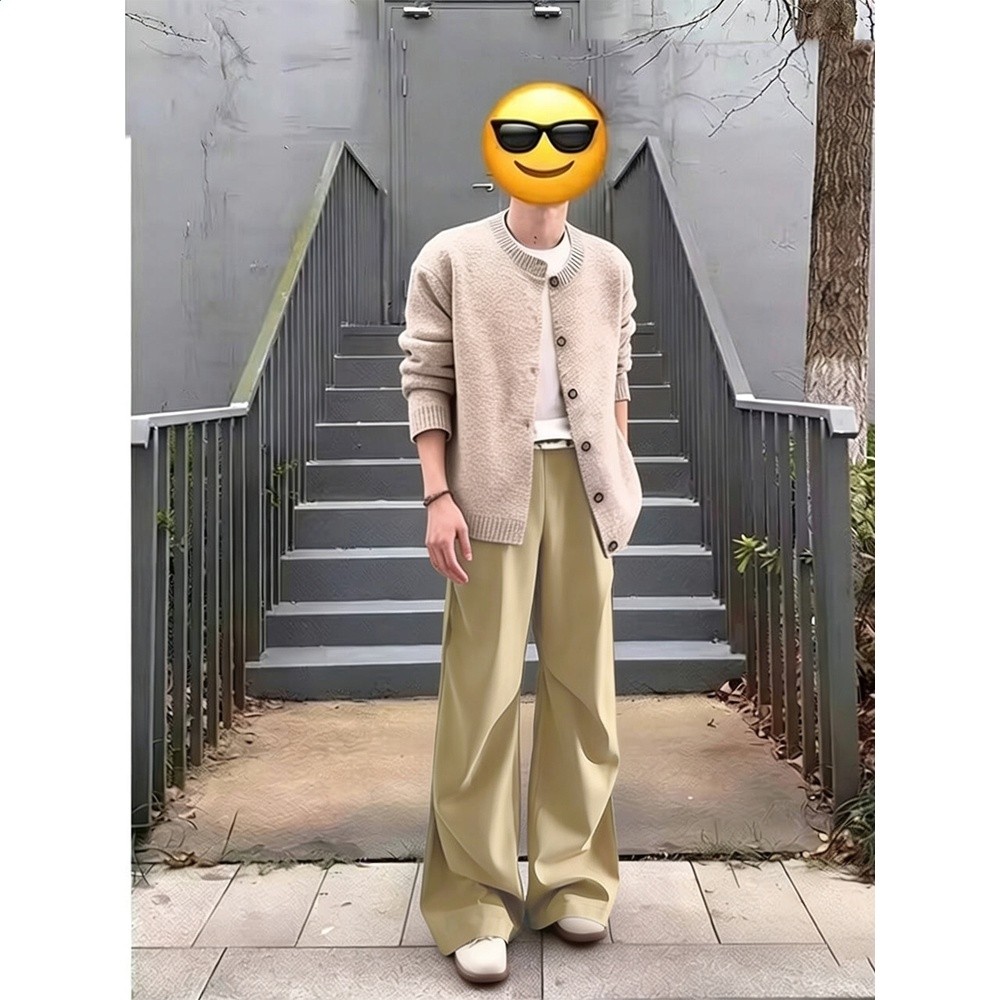張凌赫同款卡其色微喇工裝褲男春夏垂感闊腿彎刀西褲美式褶皺褲子-細節圖2