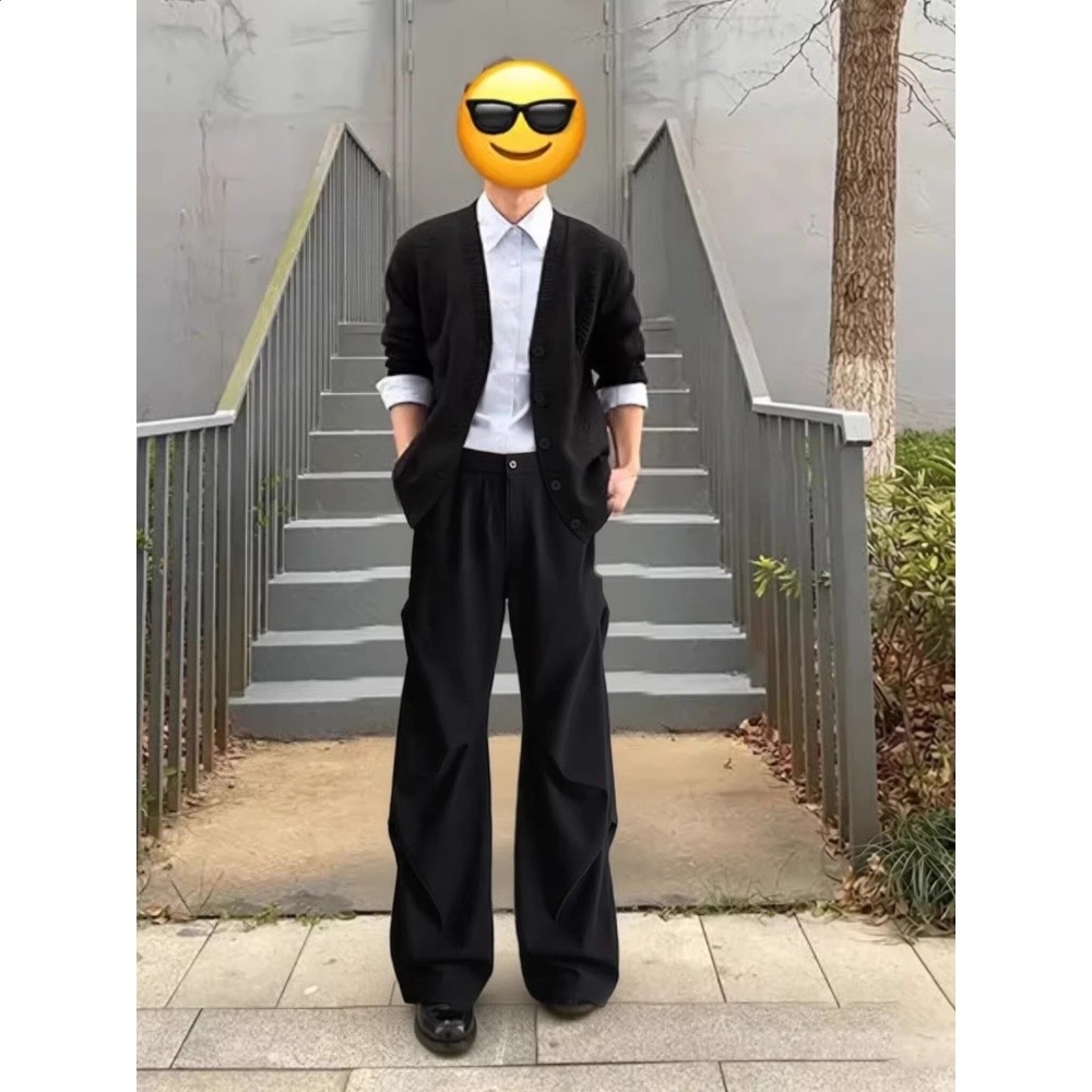 張凌赫同款卡其色微喇工裝褲男春夏垂感闊腿彎刀西褲美式褶皺褲子-細節圖3