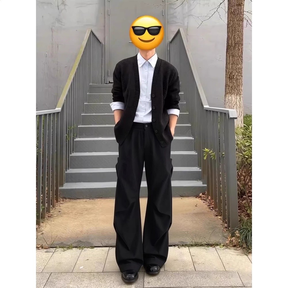 張凌赫同款卡其色微喇工裝褲男春夏垂感闊腿彎刀西褲美式褶皺褲子-細節圖4