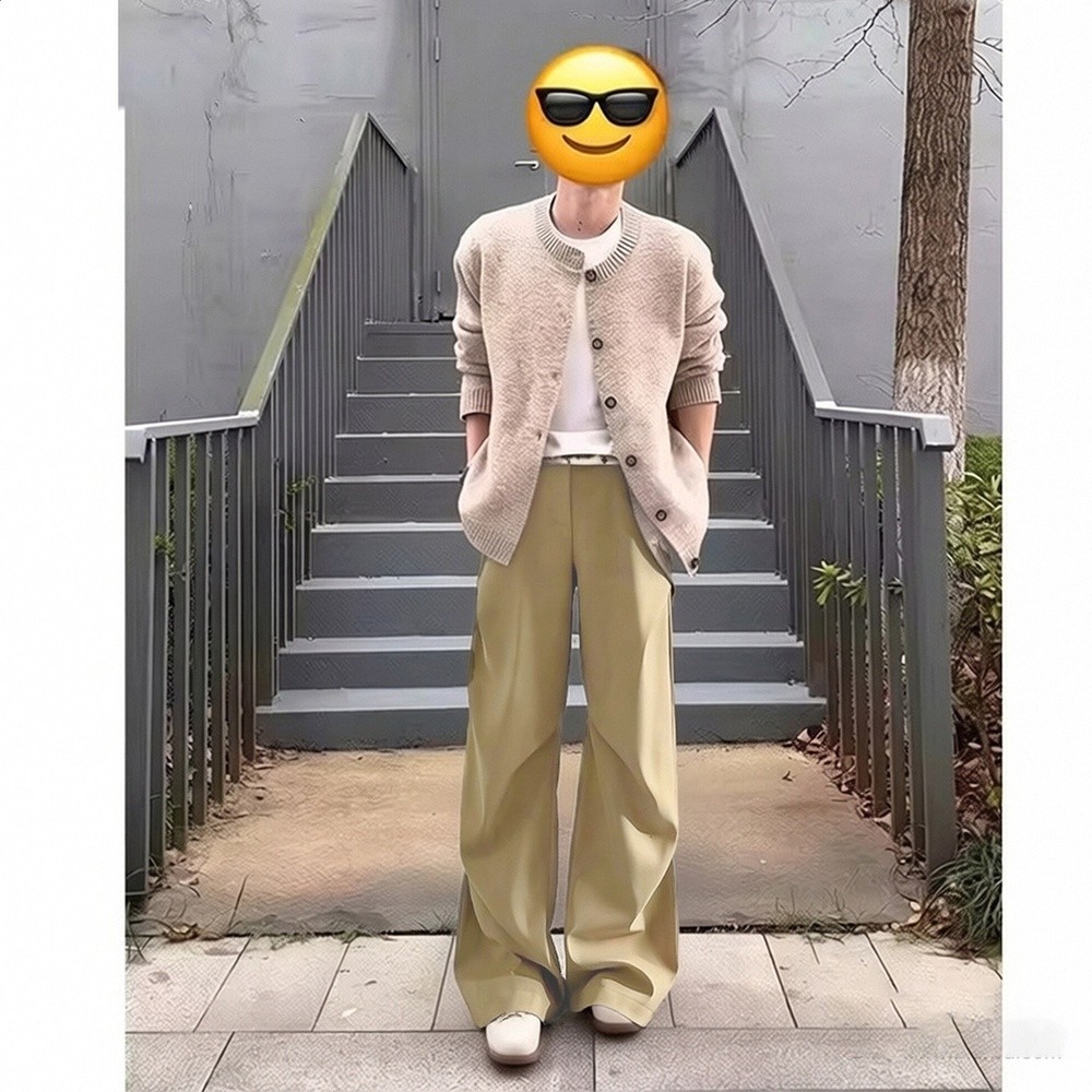 張凌赫同款卡其色微喇工裝褲男春夏垂感闊腿彎刀西褲美式褶皺褲子-規格圖5