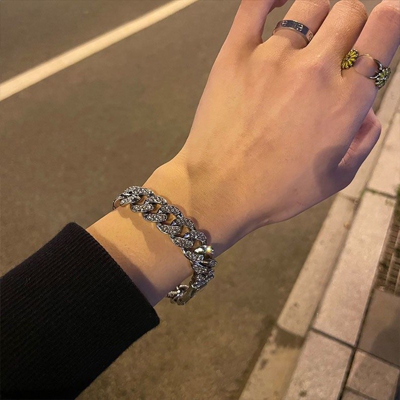 王一博同款鑲鑽古巴鏈手鍊男女ins小眾設計嘻哈手環冷淡風手飾品-細節圖3