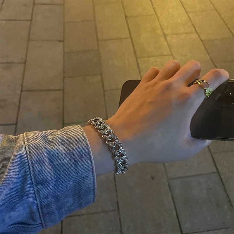 王一博同款鑲鑽古巴鏈手鍊男女ins小眾設計嘻哈手環冷淡風手飾品-細節圖4