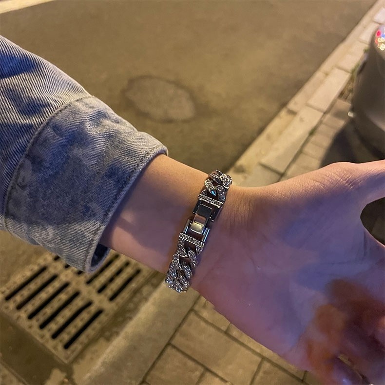 王一博同款鑲鑽古巴鏈手鍊男女ins小眾設計嘻哈手環冷淡風手飾品-細節圖5