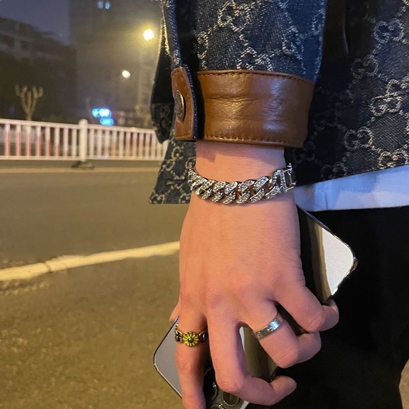王一博同款鑲鑽古巴鏈手鍊男女ins小眾設計嘻哈手環冷淡風手飾品-規格圖5