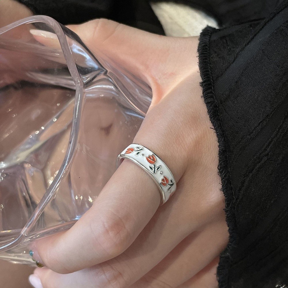 高檔鍍銀趙露思同款鬱金香戒指女小眾設計感高階氣質滴釉開口戒指-細節圖4