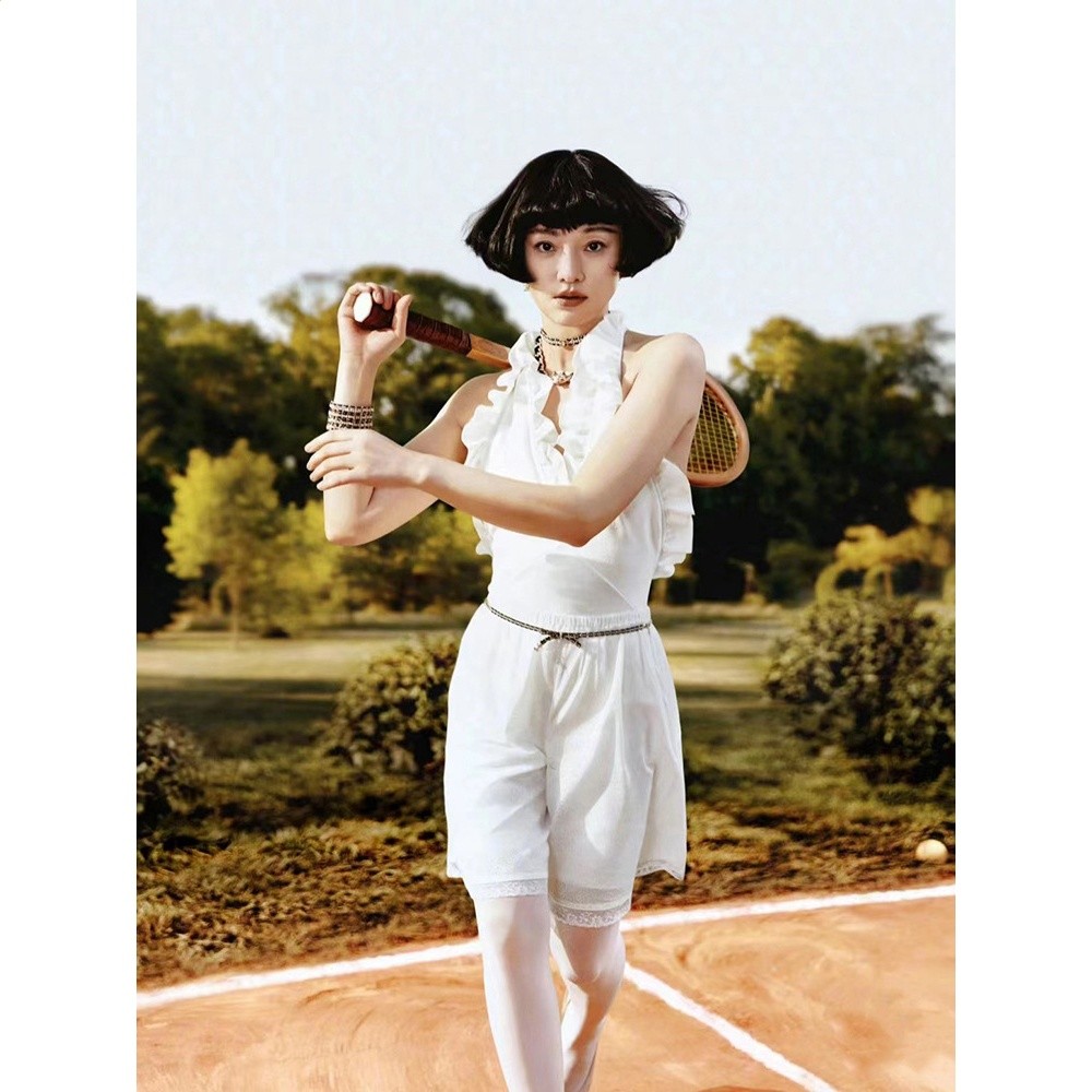 周迅同款赫本風氣質女神小胸飛邊高階感性感露背連體游泳衣女泳裝-細節圖3