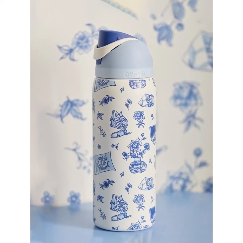 Owala新款UO聯名delft cat藍色貓咪保溫保冷杯帶吸管運動水壺32oz-細節圖5