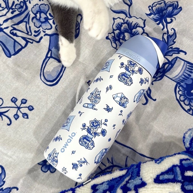 Owala新款UO聯名delft cat藍色貓咪保溫保冷杯帶吸管運動水壺32oz-規格圖5