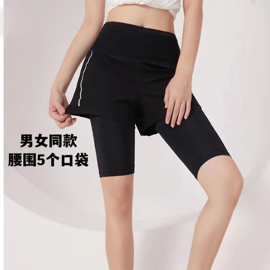 夏季新款男女同款雙層假兩件運動健身跑步訓練高彈透氣五分褲A071-細節圖2
