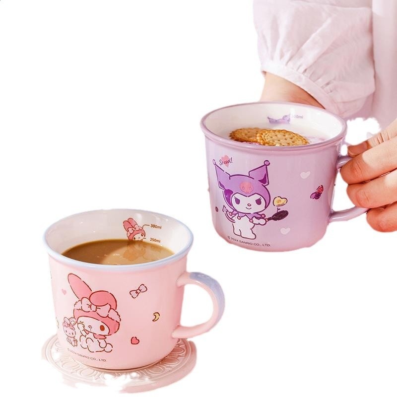 三麗鷗早餐杯庫洛米帶刻度女生牛奶杯喝水杯創意卡通陶瓷杯水杯子-細節圖5